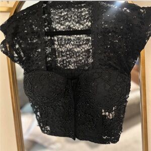 VINTAGE Black lace & beaded corset top with ruched back